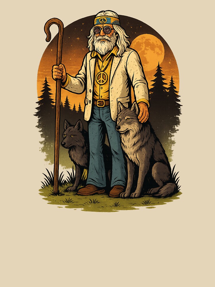 Elderly White Hippie Wolf Shepherd – Mystical Funny Retro Design by Lunaria Arts Unisex T-shirt, Sweatshirt, Hoodie, Long Sleeve Tee