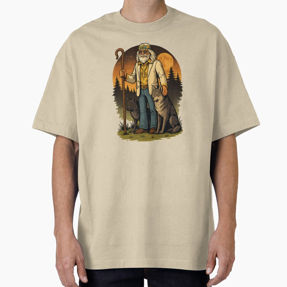 Elderly White Hippie Wolf Shepherd – Mystical Funny Retro Design by Lunaria Arts Unisex T-shirt, Sweatshirt, Hoodie, Long Sleeve Tee