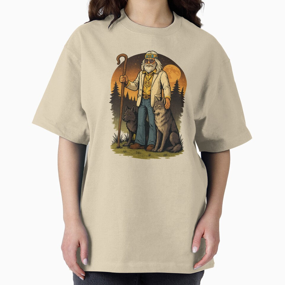 Elderly White Hippie Wolf Shepherd – Mystical Funny Retro Design by Lunaria Arts Unisex T-shirt, Sweatshirt, Hoodie, Long Sleeve Tee