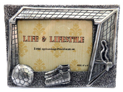 Pewter picture frame with soccer themed accents pf54