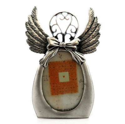 Pewter picture frame shaped as an angel with a filigree head and a bow around the neck pf55
